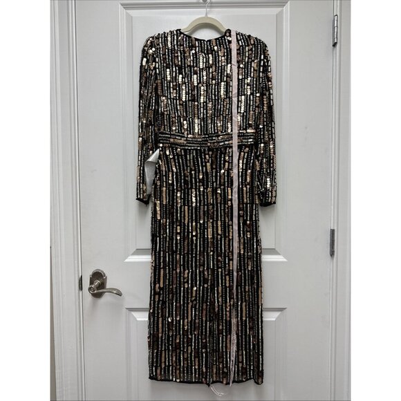 Mac Duggal Size 4 Black Gold 93590 Sequin Beaded Long Sleeve Cocktail Midi Dress - Picture 7 of 9
